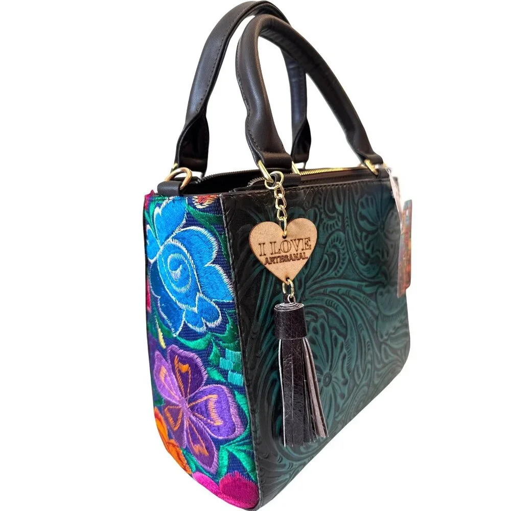 Tooled aqua with Floral  tapestry embroidery crossbody‎ shoulder satchel